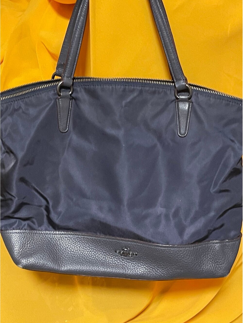 Authentic Coach Nylon Leather Trim Tote F57902 Navy Zip Shoulder Bag